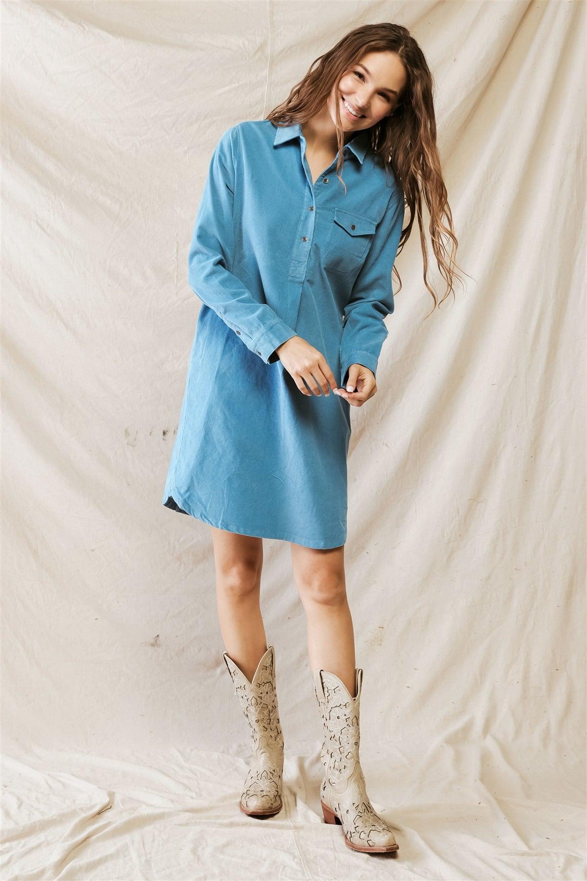 Stone Blue Ribbed Button-Up Collared Neck Two Pocket Mini Dress /1-2-2-1