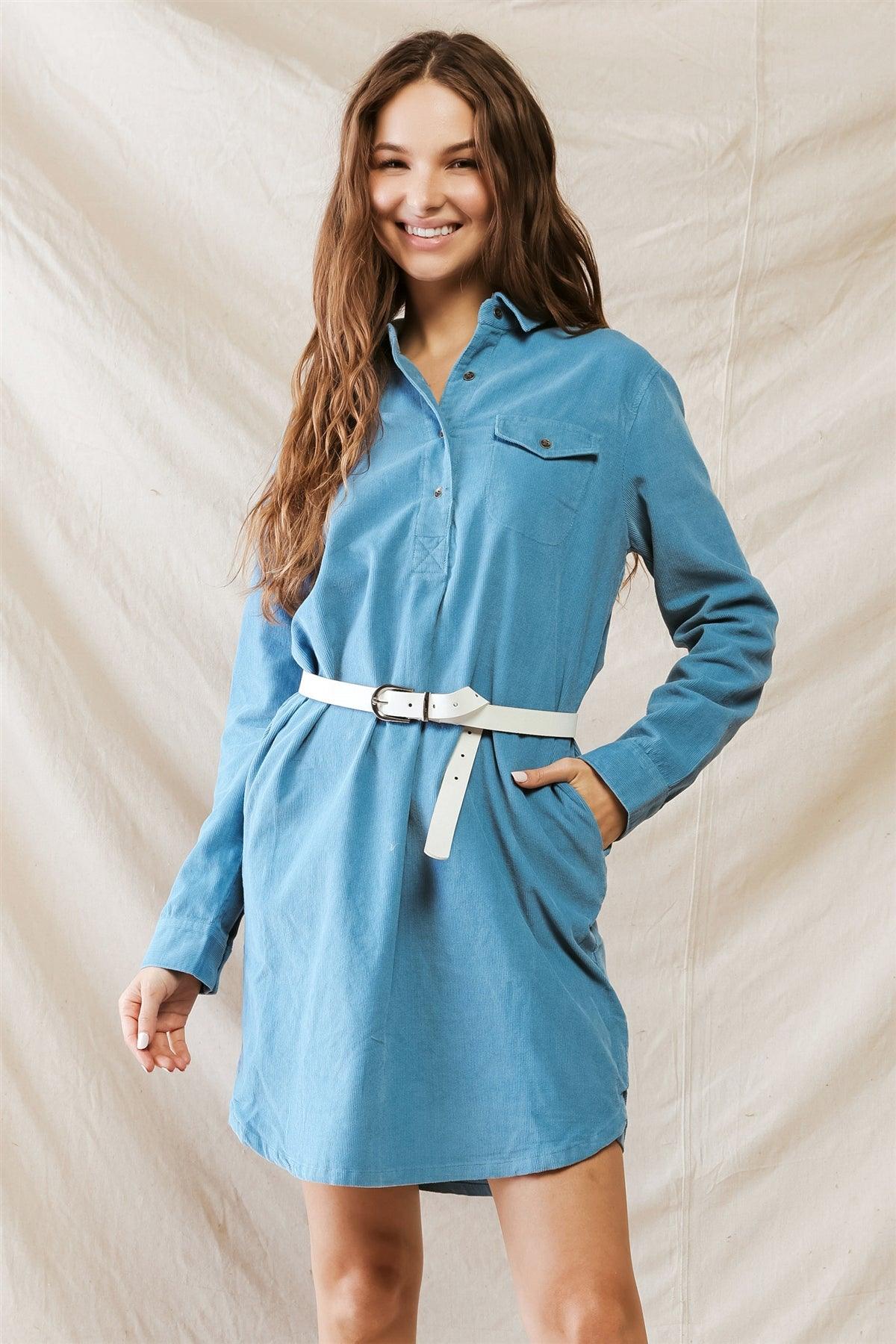 Stone Blue Ribbed Button-Up Collared Neck Two Pocket Mini Dress /1-2-2-1