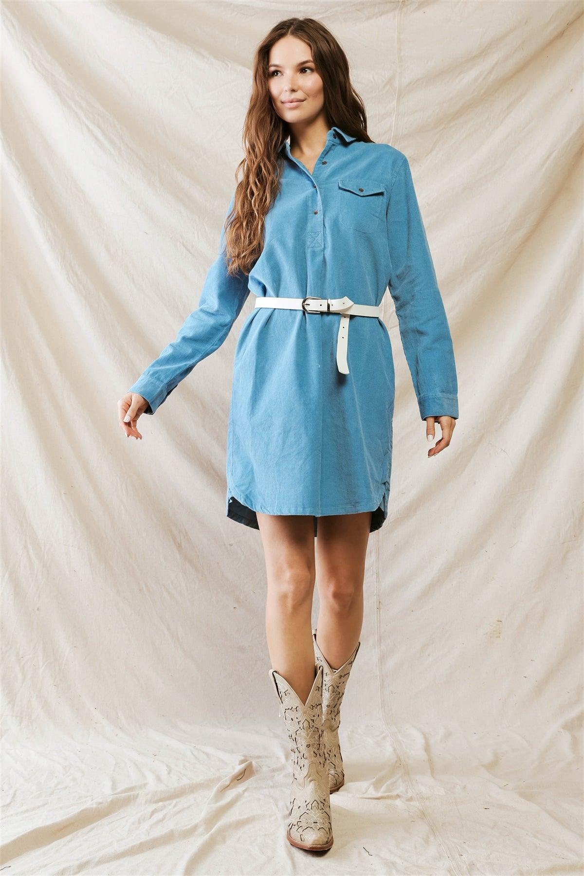 Stone Blue Ribbed Button-Up Collared Neck Two Pocket Mini Dress /1-2-2-1