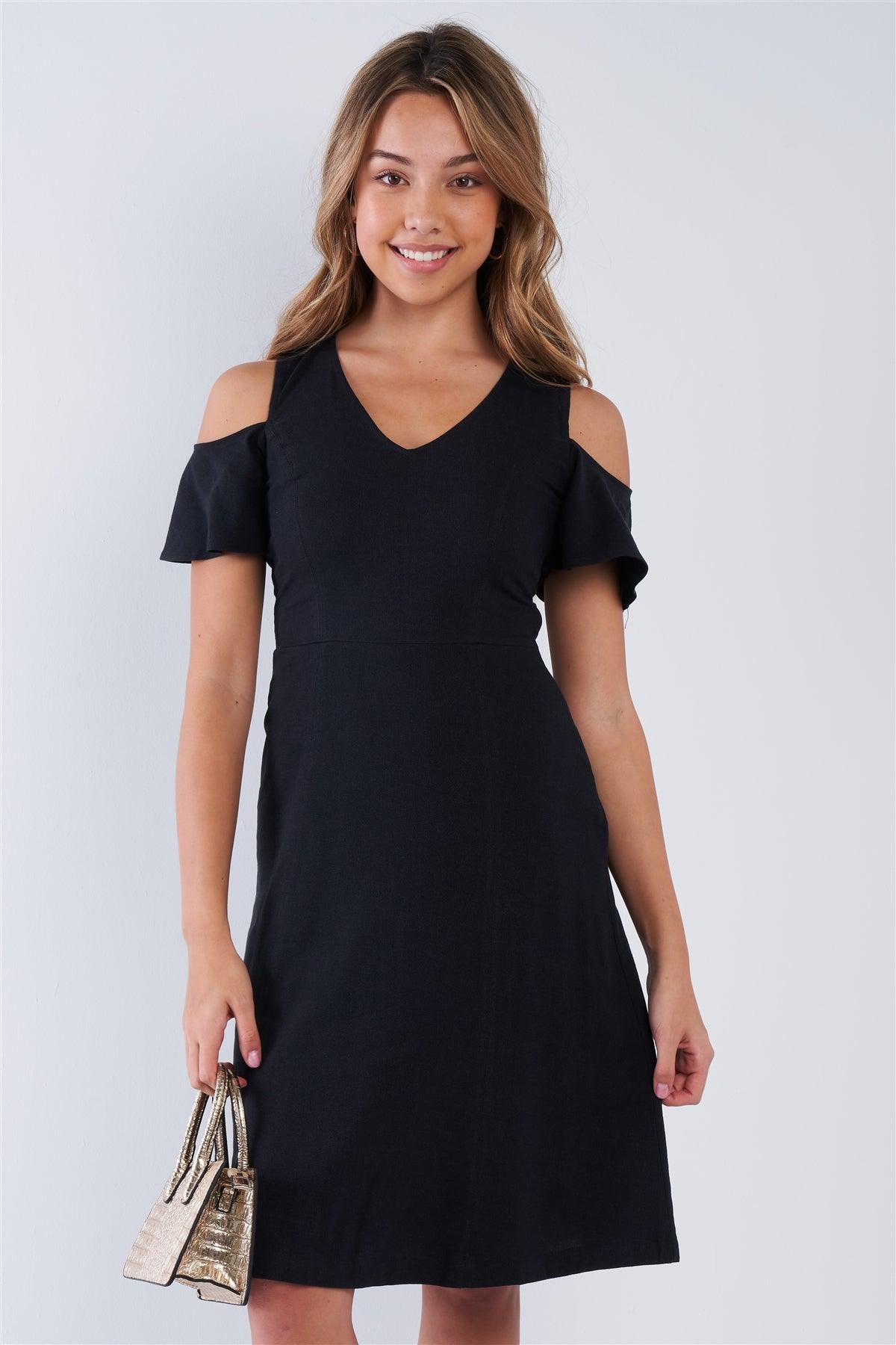 Black V-neck Linen Cold Shoulder Midi Dress /1-2-2-1