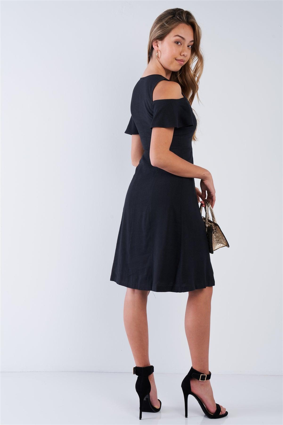 Black V-neck Linen Cold Shoulder Midi Dress /1-2-2-1