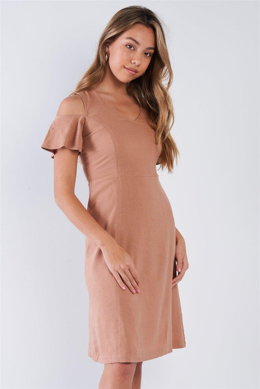 Nude V-neck Linen Cold Shoulder Sun Dress /1-2-2-1