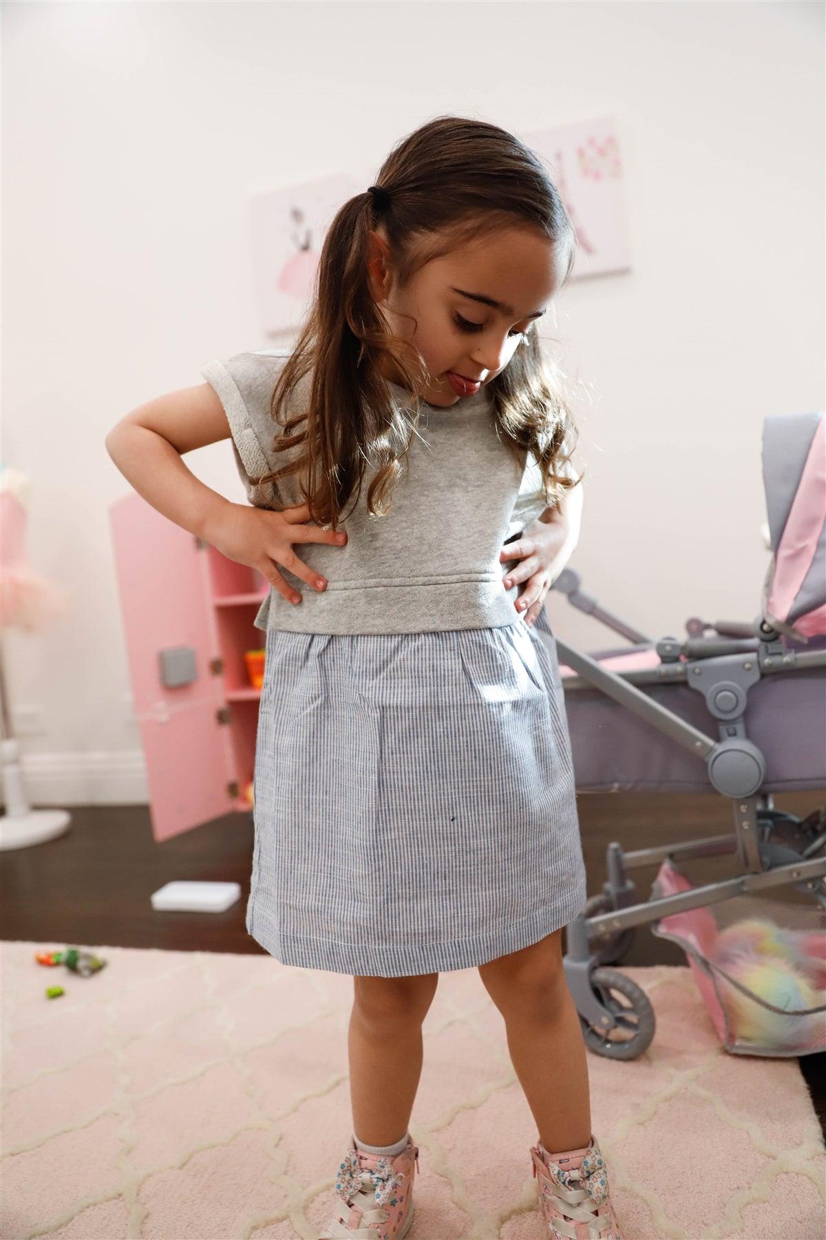 Girls Heather Grey Cotton & Linen Blend Top & Stripe Hem Dress /2-2-2