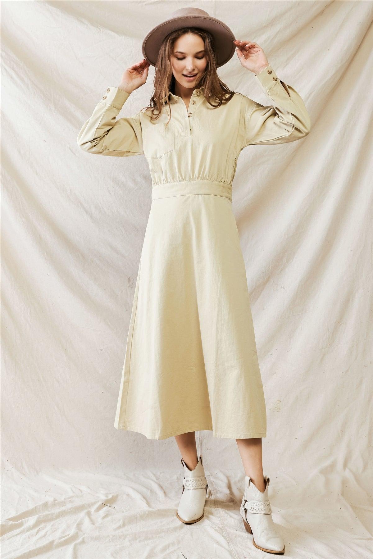 Beige Cotton Material Button-Up Collared Neck Maxi Dress /1-2-2-1