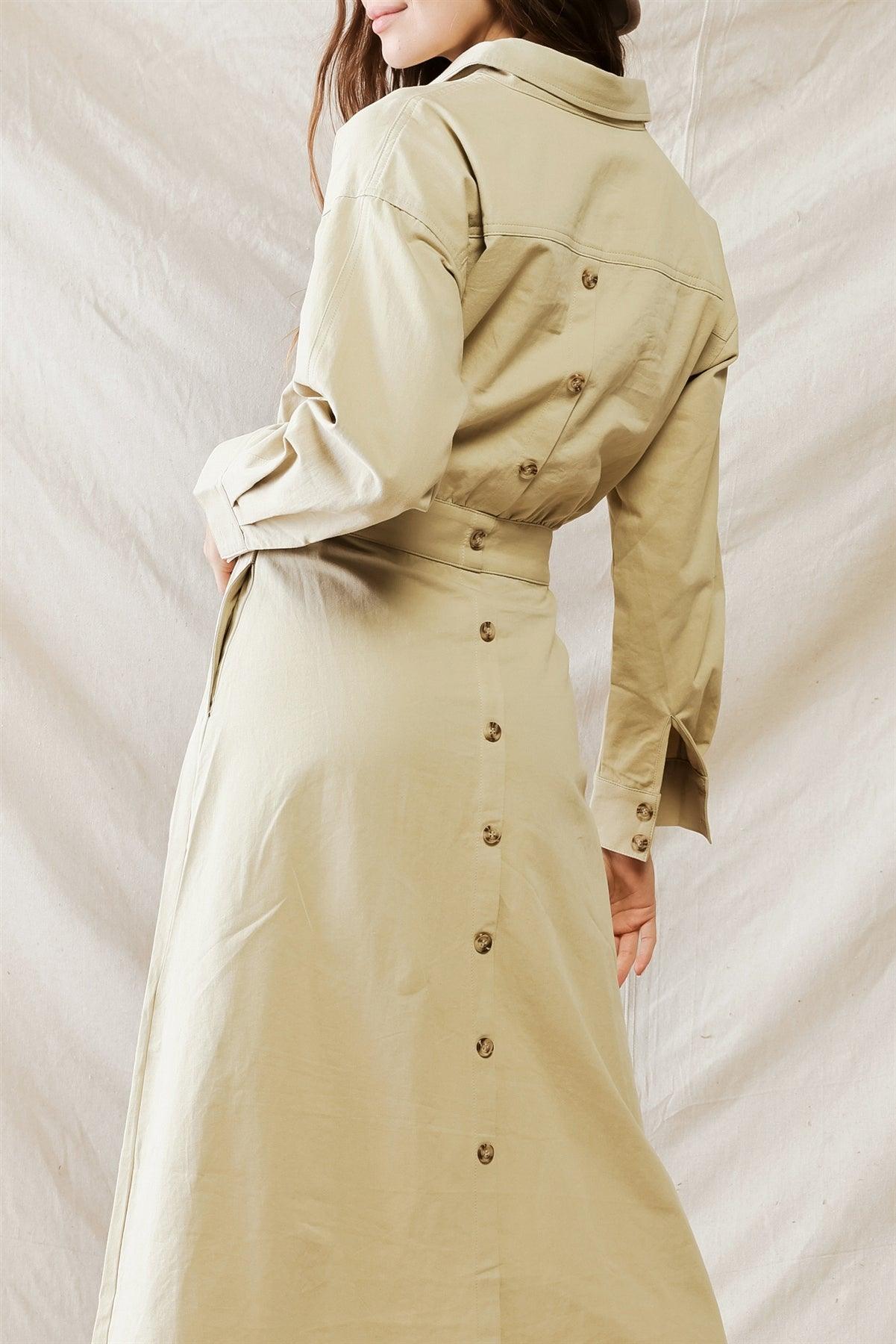 Beige Cotton Material Button-Up Collared Neck Maxi Dress /1-2-2-1