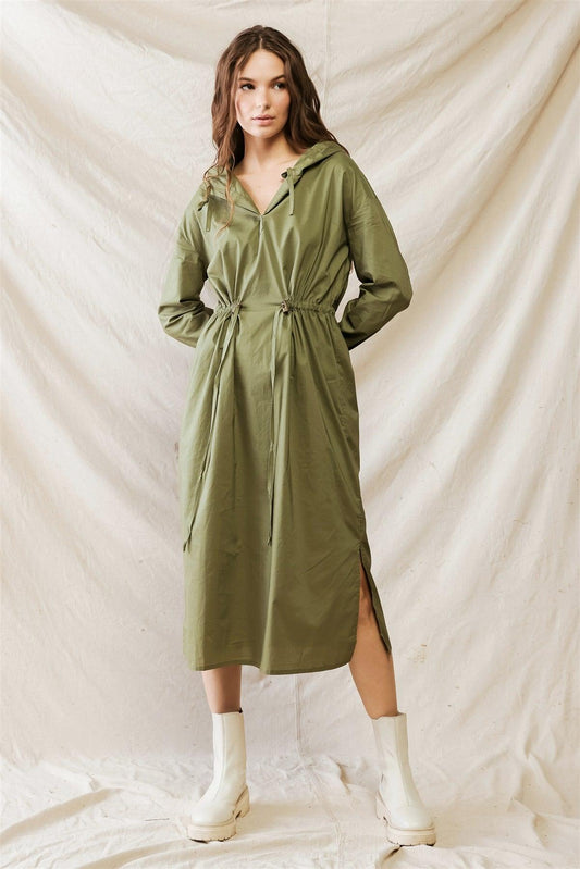 Olive Cotton Material Hooded Long Sleeve Midi Dress /1-2-2-1