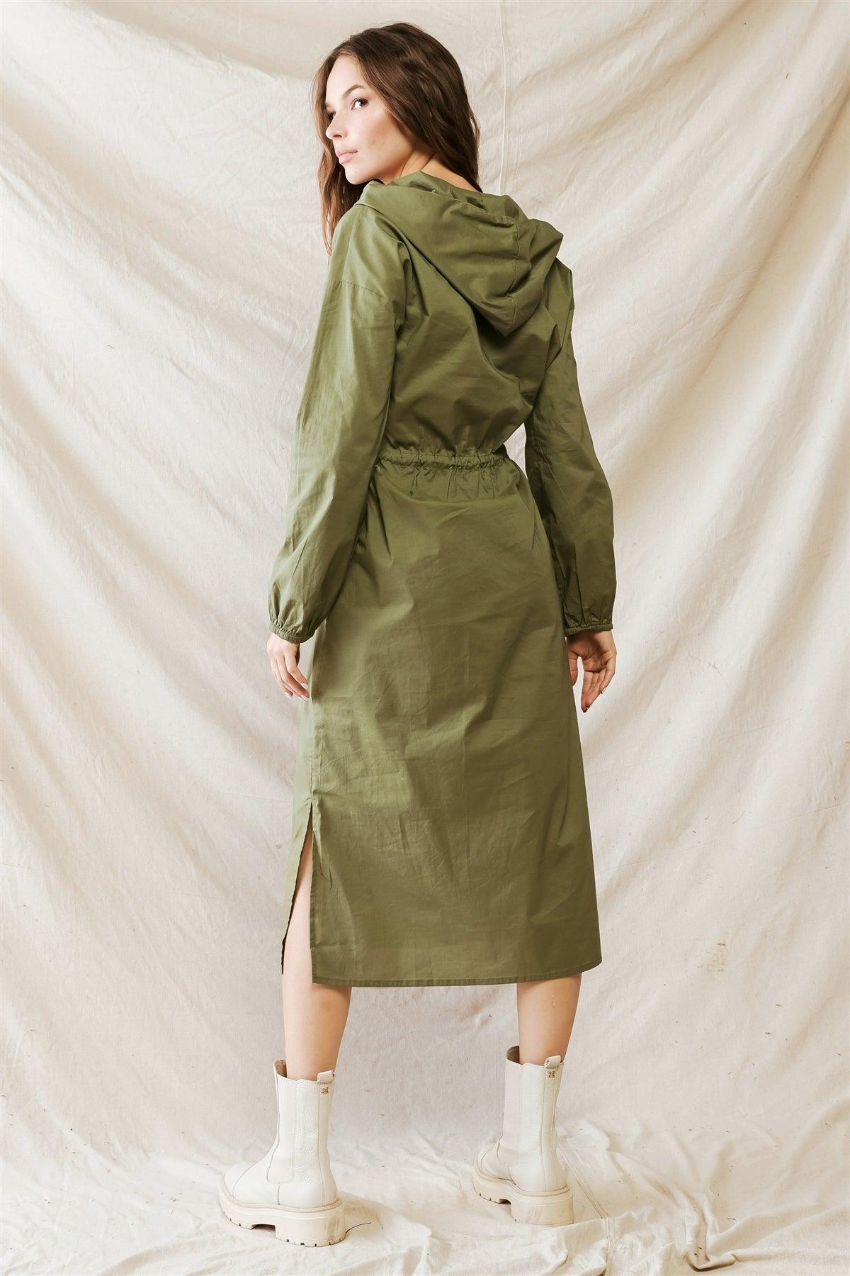 Olive Cotton Material Hooded Long Sleeve Midi Dress /1-2-2-1