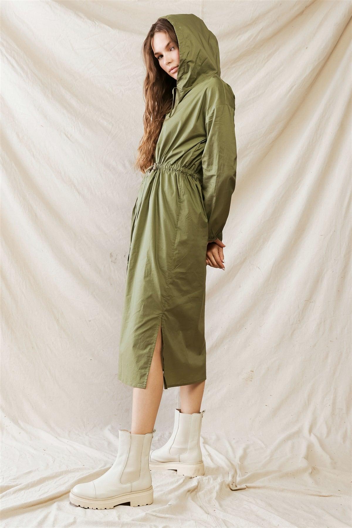 Olive Cotton Material Hooded Long Sleeve Midi Dress /1-2-2-1