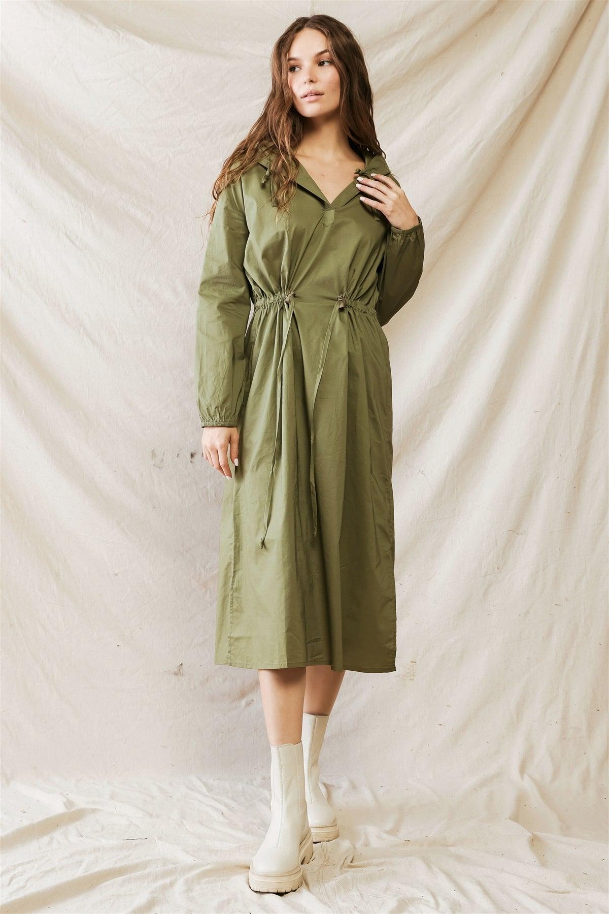 Olive Cotton Material Hooded Long Sleeve Midi Dress /1-2-2-1