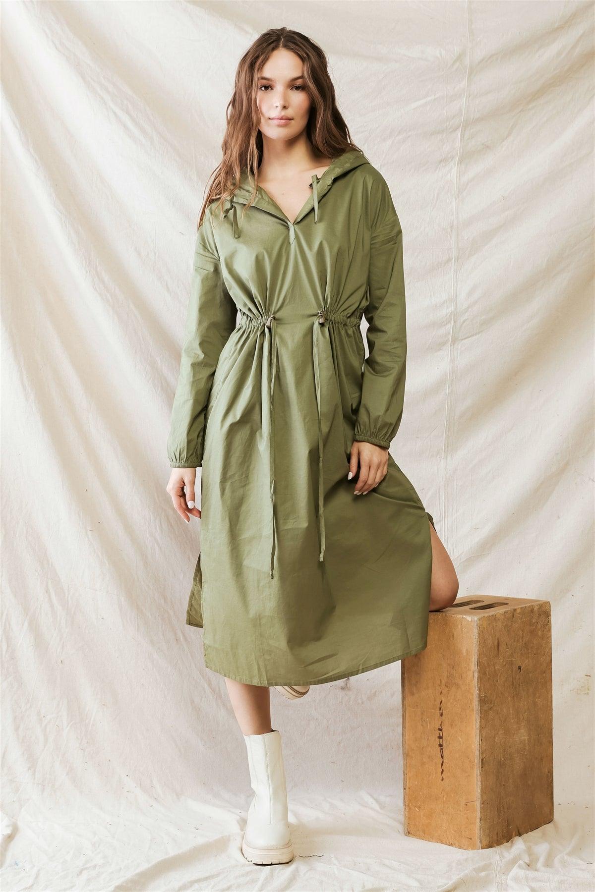 Olive Cotton Material Hooded Long Sleeve Midi Dress /1-2-2-1