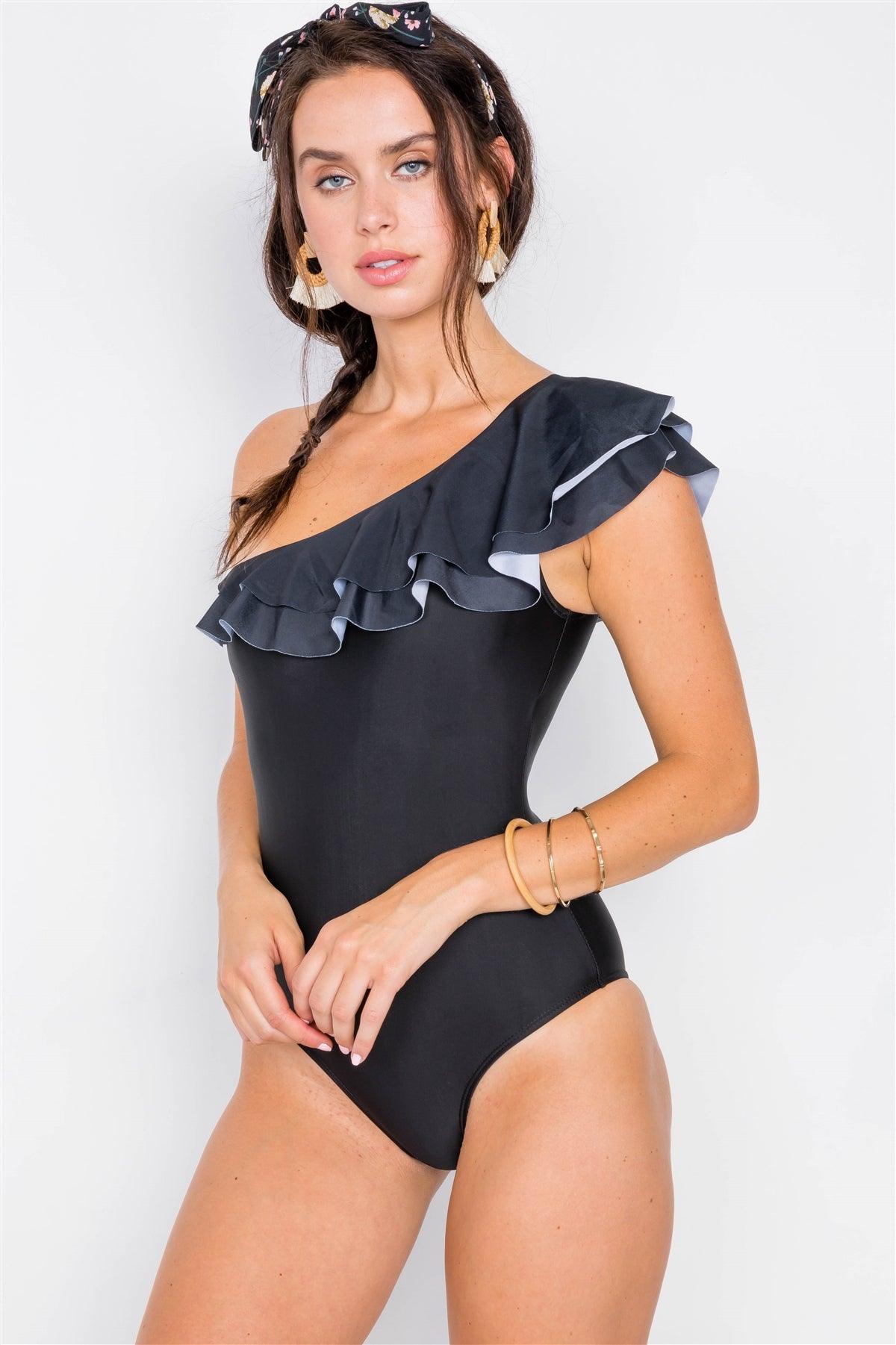 Black Asymmetrical Flounce One Piece Bikini  /1-1-1-1