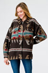 Brown Mix Tribal Print Button-Up Collared Neck Four Pocket Long Sleeve Jacket