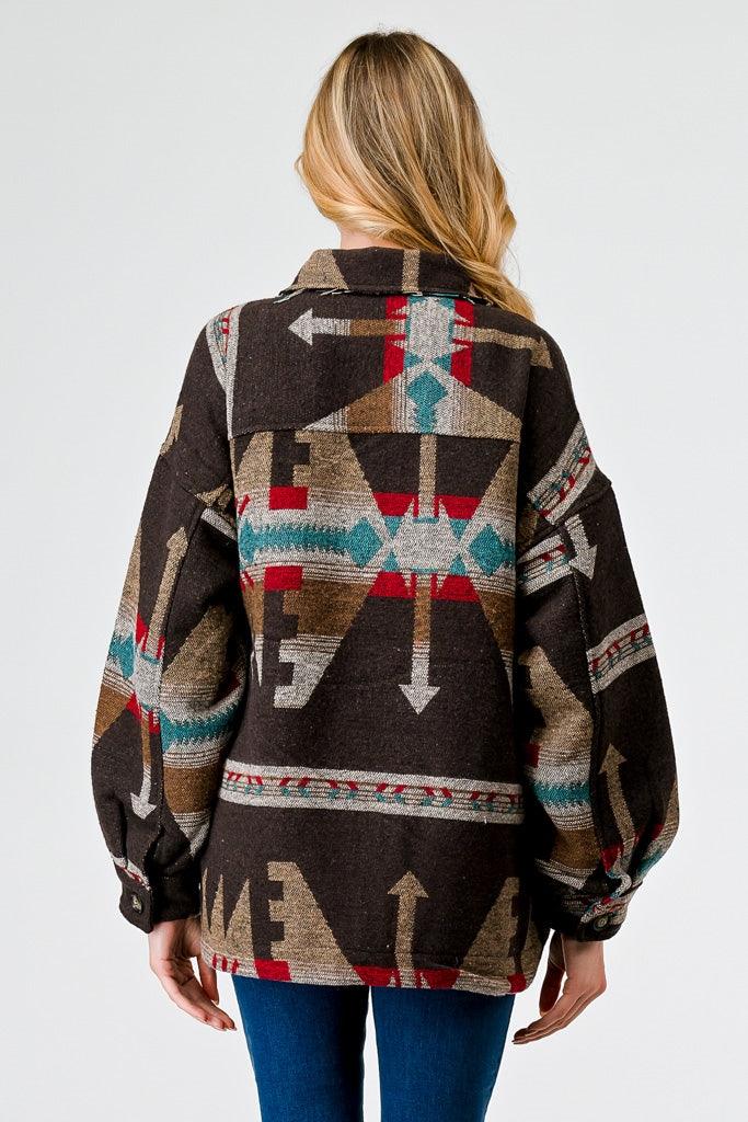 Brown Mix Tribal Print Button-Up Collared Neck Four Pocket Long Sleeve Jacket /1-2-2