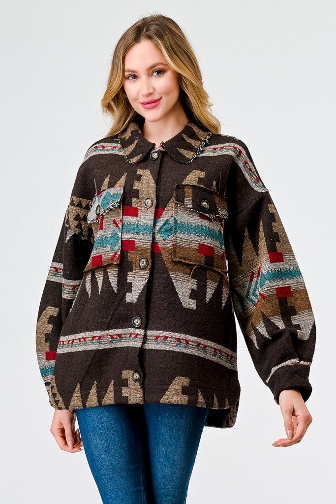 Brown Mix Tribal Print Button-Up Collared Neck Four Pocket Long Sleeve Jacket /1-2-2