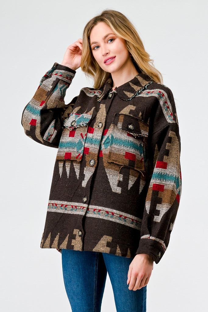 Brown Mix Tribal Print Button-Up Collared Neck Four Pocket Long Sleeve Jacket /1-2-2