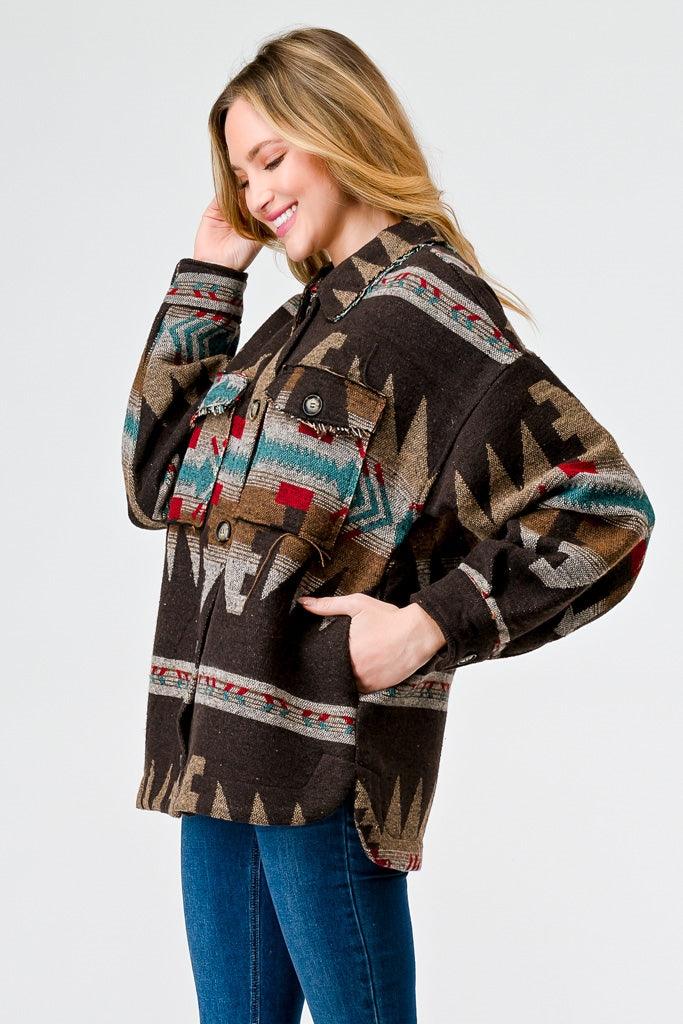 Brown Mix Tribal Print Button-Up Collared Neck Four Pocket Long Sleeve Jacket /1-2-2