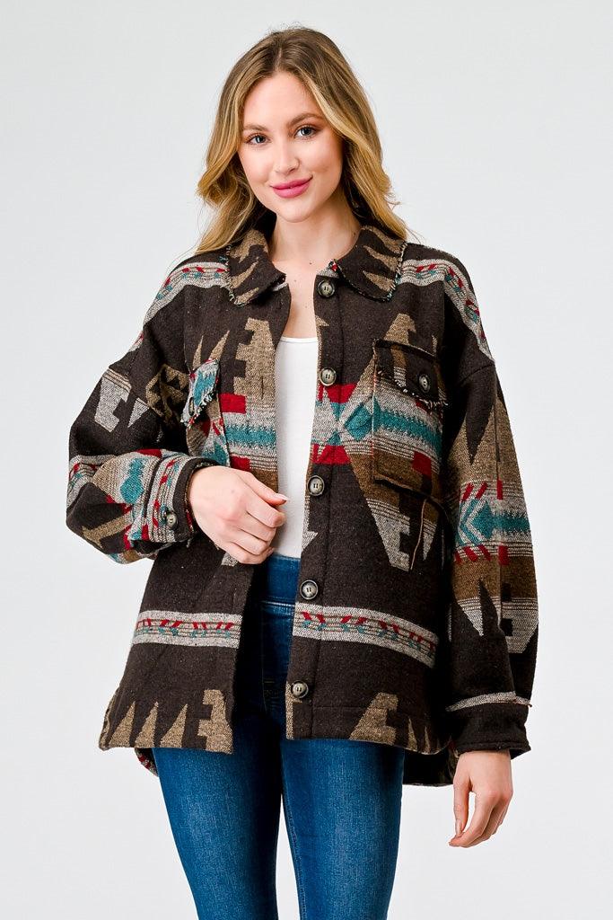 Brown Mix Tribal Print Button-Up Collared Neck Four Pocket Long Sleeve Jacket /1-2-2