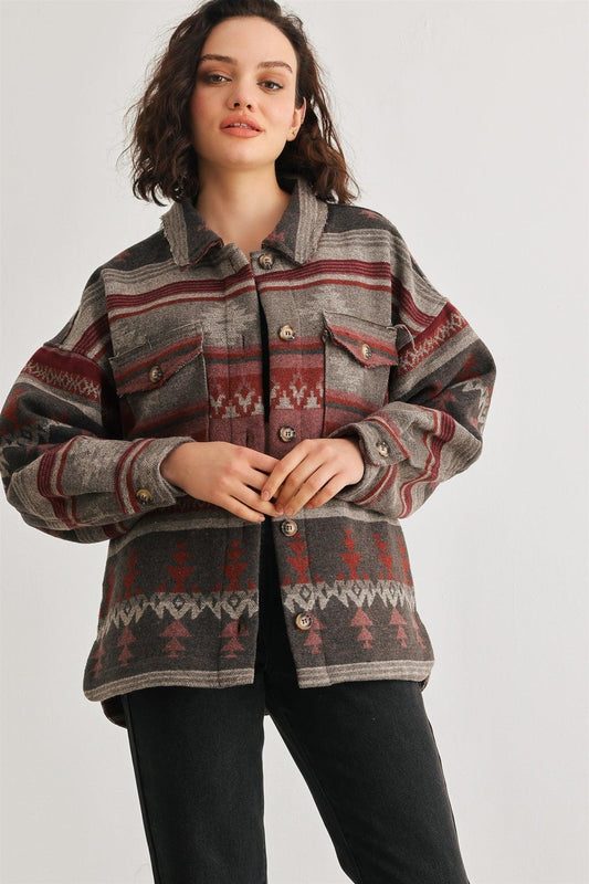 Grey Mix Tribal Print Button-Up Collared Neck Four Pocket Long Sleeve Jacket /2-2-2