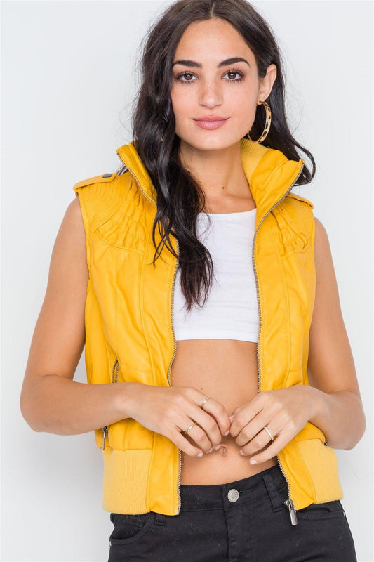 Mustard Funnel Neck Faux Leather Sleeveless Vest