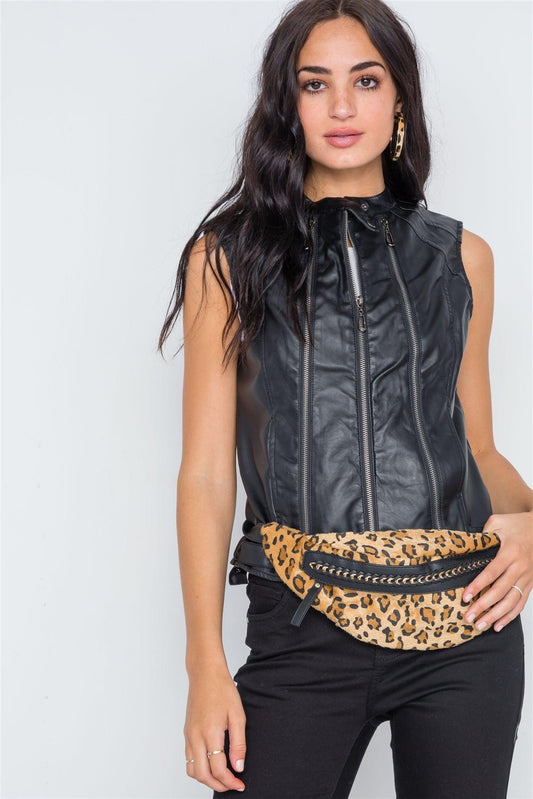 Black Faux Leather Triple Zip Moto Vest /2-2-2