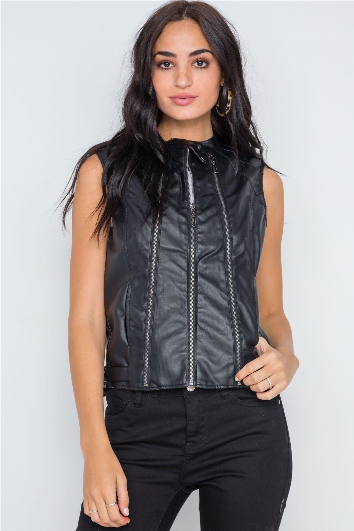 Black Faux Leather Triple Zip Moto Vest /2-2-2