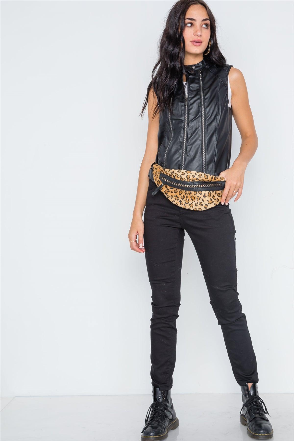 Black Faux Leather Triple Zip Moto Vest /2-2-2