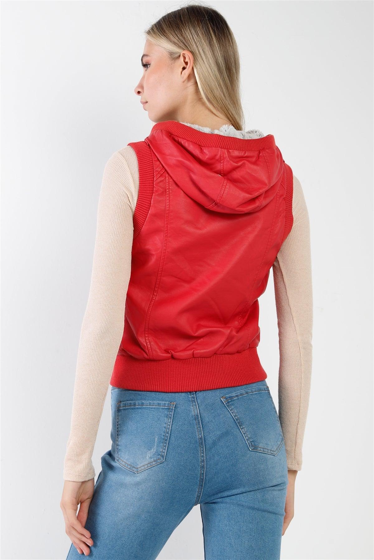 Red Faux Leather Faux Fur Detail Zip-UP Hooded Vest /2-2-2