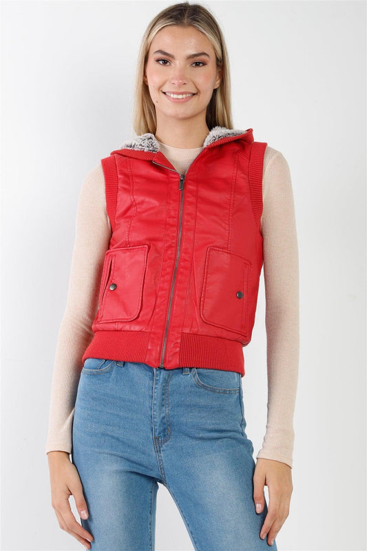 Red Faux Leather Hooded Vest