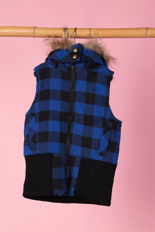 Kids Black and Blue Checkered Fur Vest