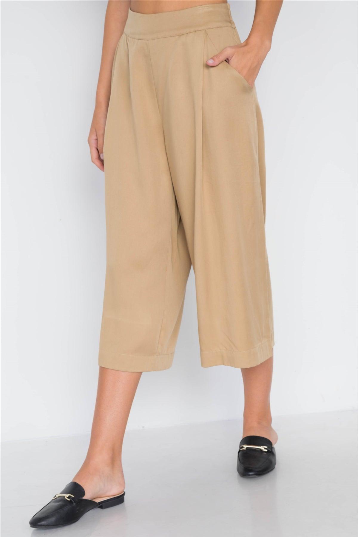 Khaki High Waist Cropped Wide Leg Pants /3-2-1