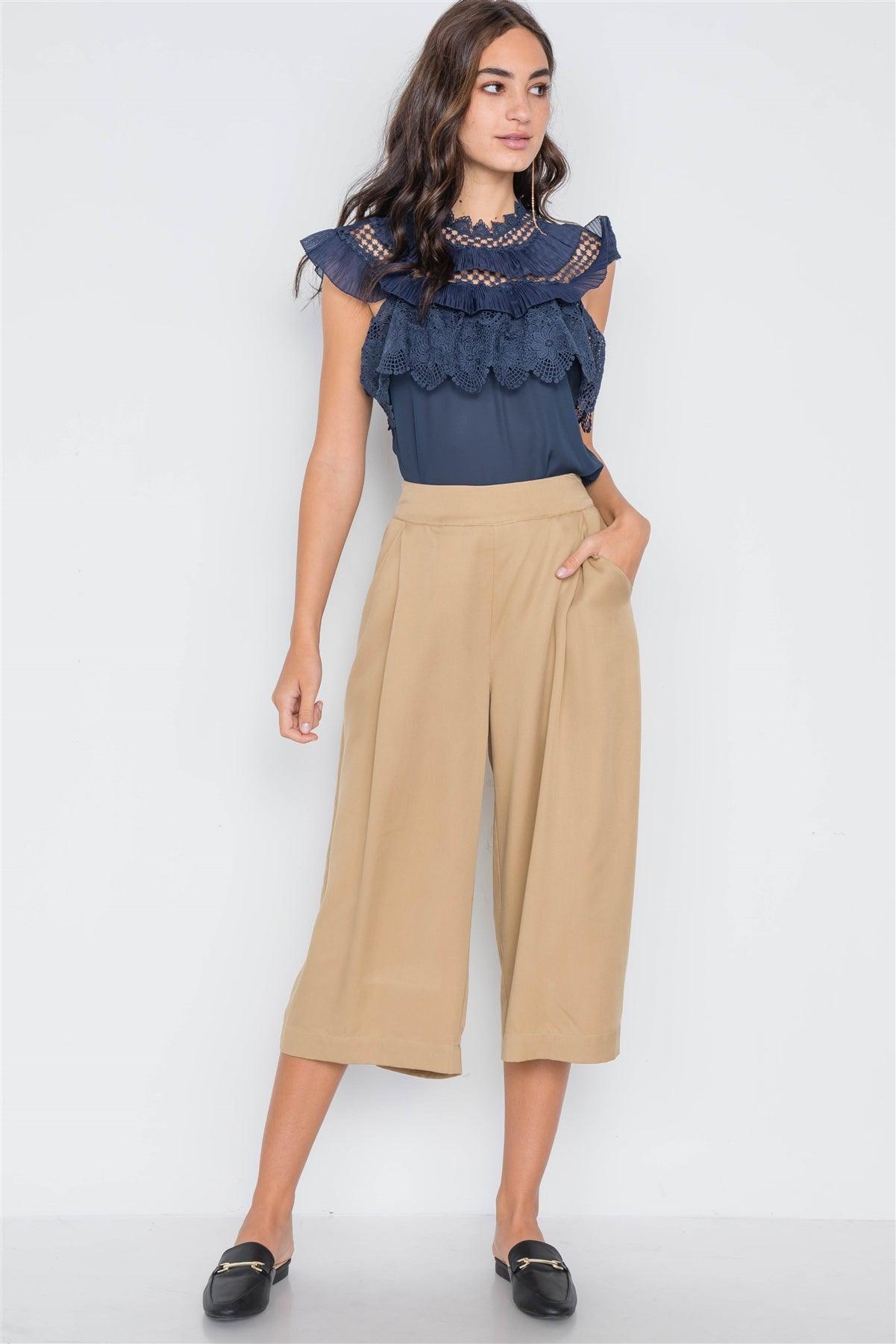 Khaki High Waist Cropped Wide Leg Pants /3-2-1