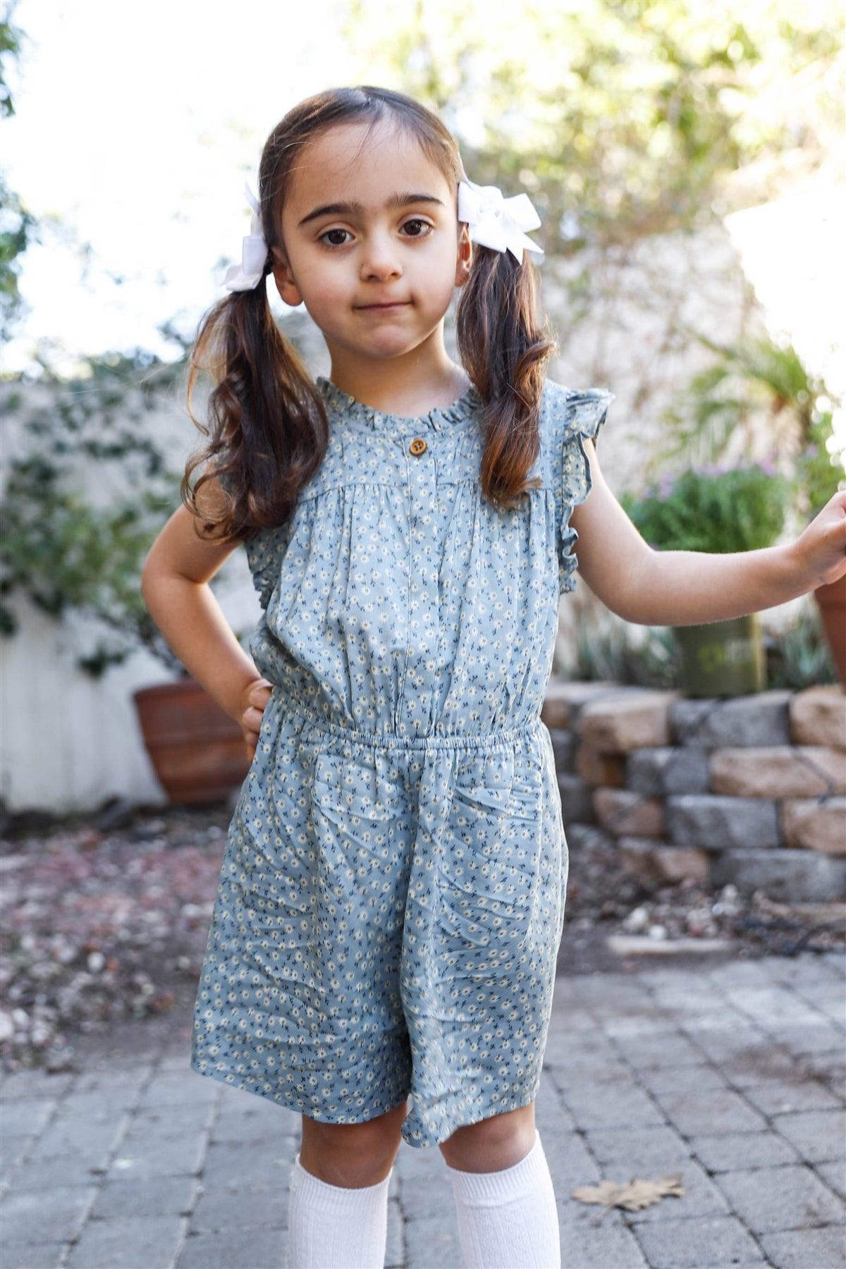 Girls Blue Daisy Print Button Up Ruffle Details Romper /1-2-2