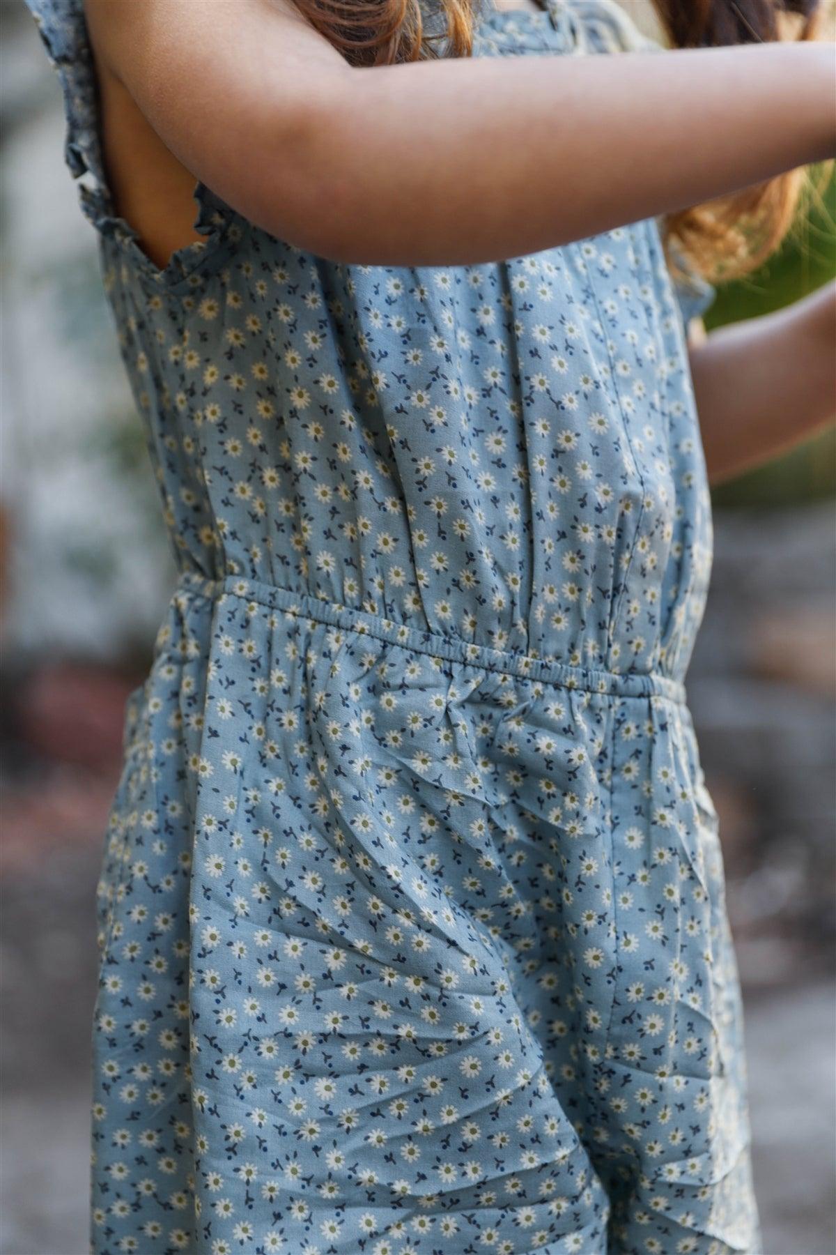 Toddler Girls Blue Daisy Print Button Up Ruffle Details Romper /1-2-2