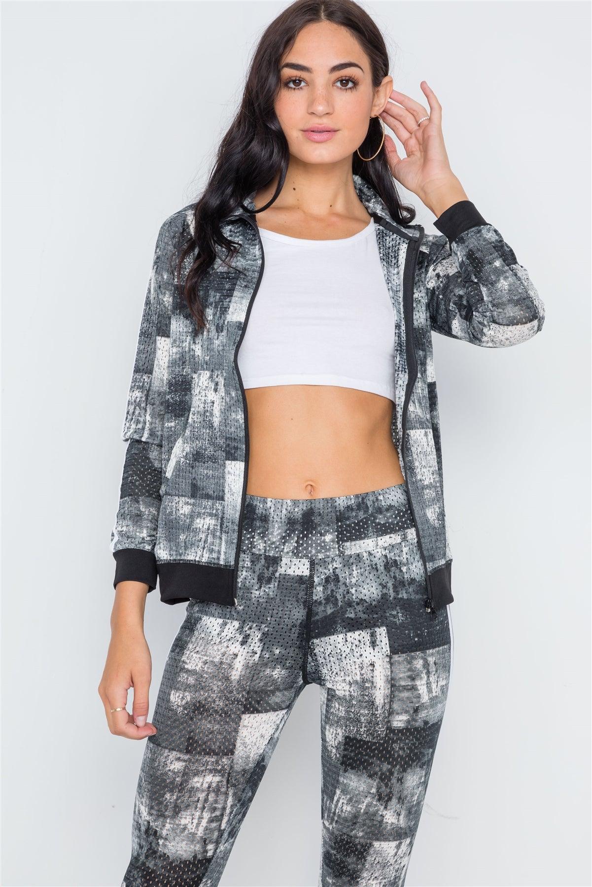 Black Mesh Active Two Piece Legging Jacket Set /3-3