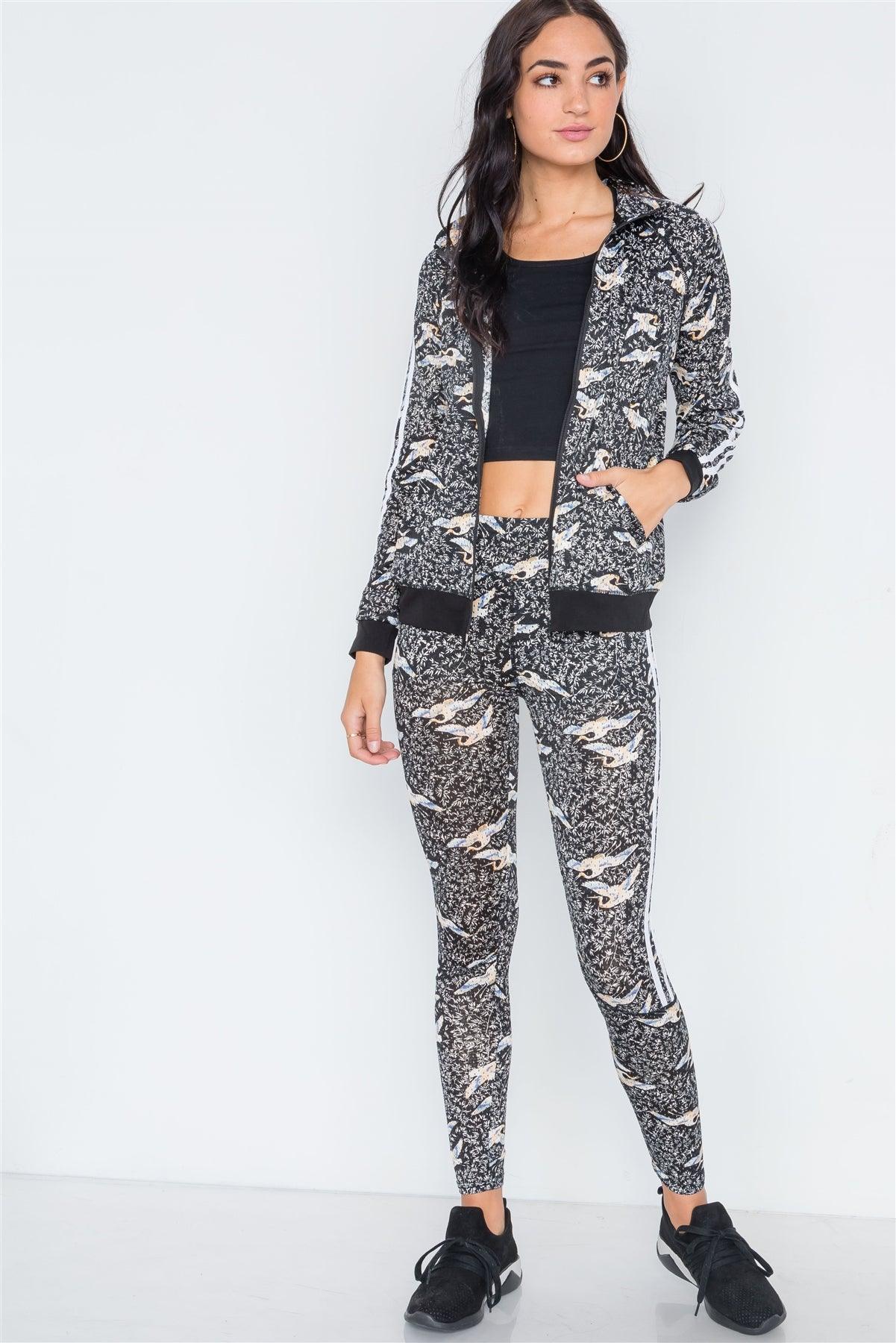 Grey Black Mesh Active Two Piece Legging Jacket Set /2-1