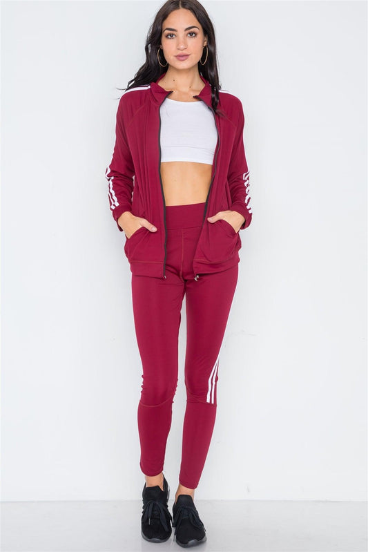 Burgundy White Active Two Piece Legging Jacket Set /5