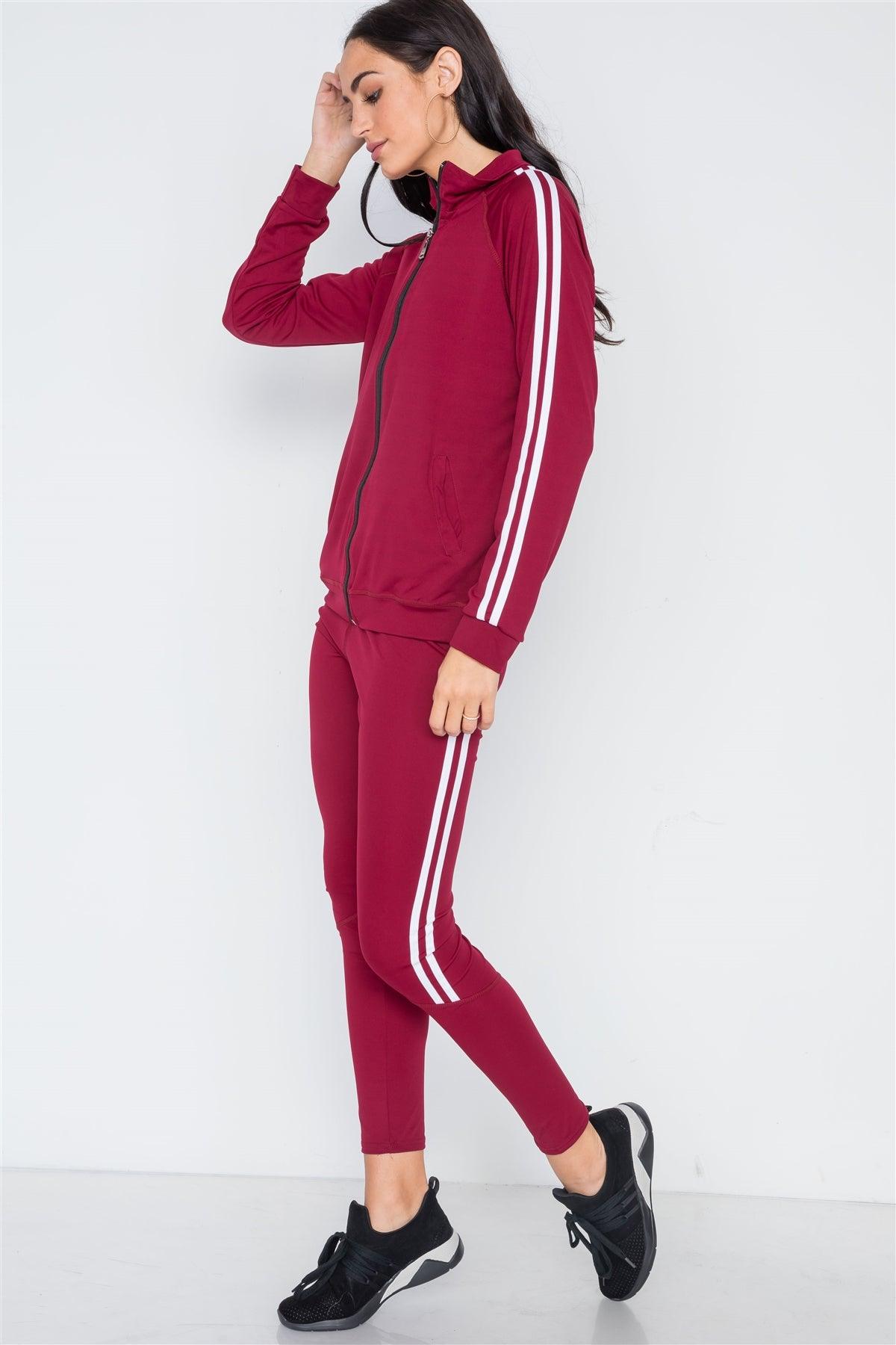 Burgundy White Active Two Piece Legging Jacket Set /5