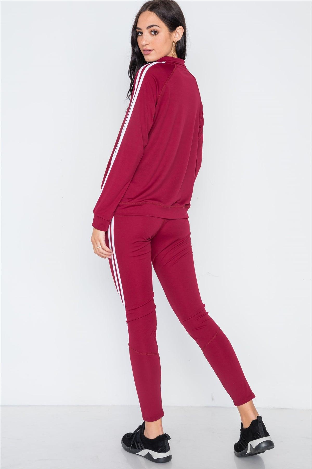 Burgundy White Active Two Piece Legging Jacket Set /5