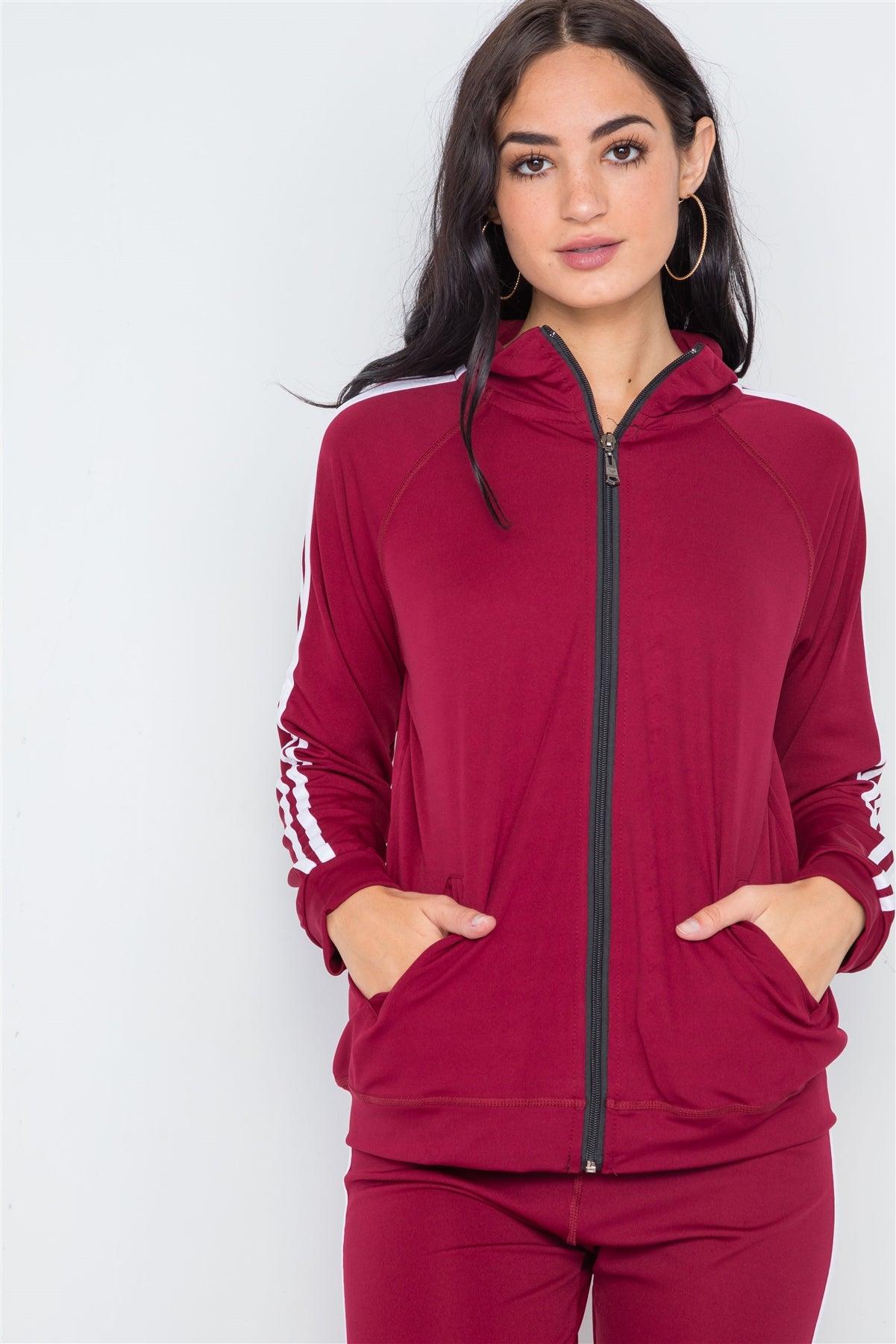 Burgundy White Active Two Piece Legging Jacket Set /5