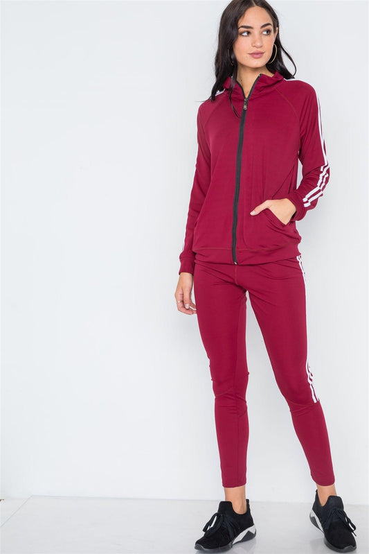 Burgundy White Active Two Piece Legging Jacket Set /6