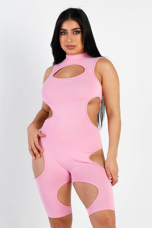 Pink Cut-Out Details Mock Neck Second Skin Romper /2-2-2