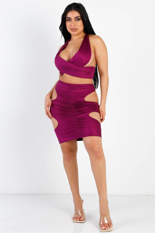 Magenta Wraparound Halter Top & Ruched Side Cut-Out Details Skirt Set /1-2-2