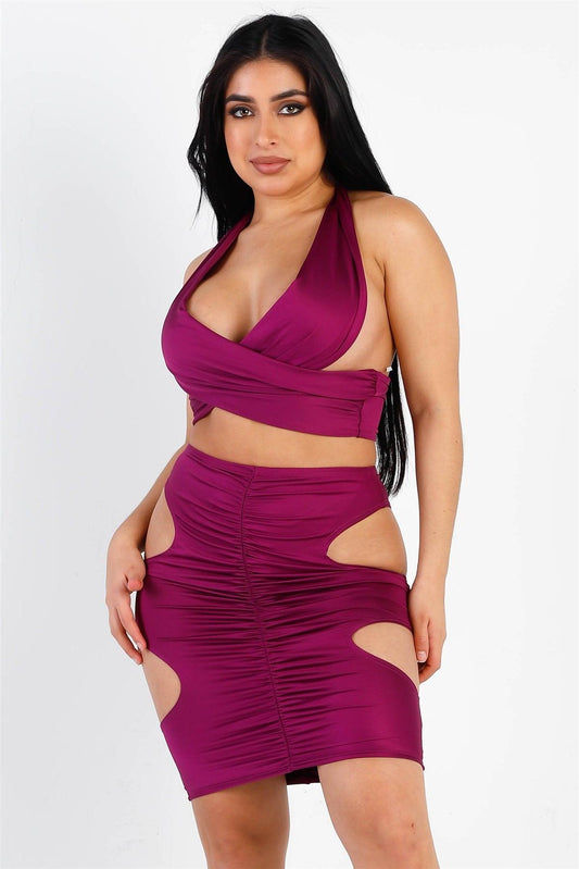 Magenta Wraparound Halter Top & Ruched Side Cut-Out Details Skirt Set /2-2-2