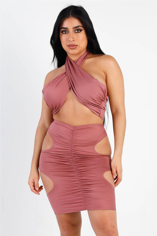 Rose Wraparound Halter Top & Ruched Side Cut-Out Details Skirt Set /1-2-2