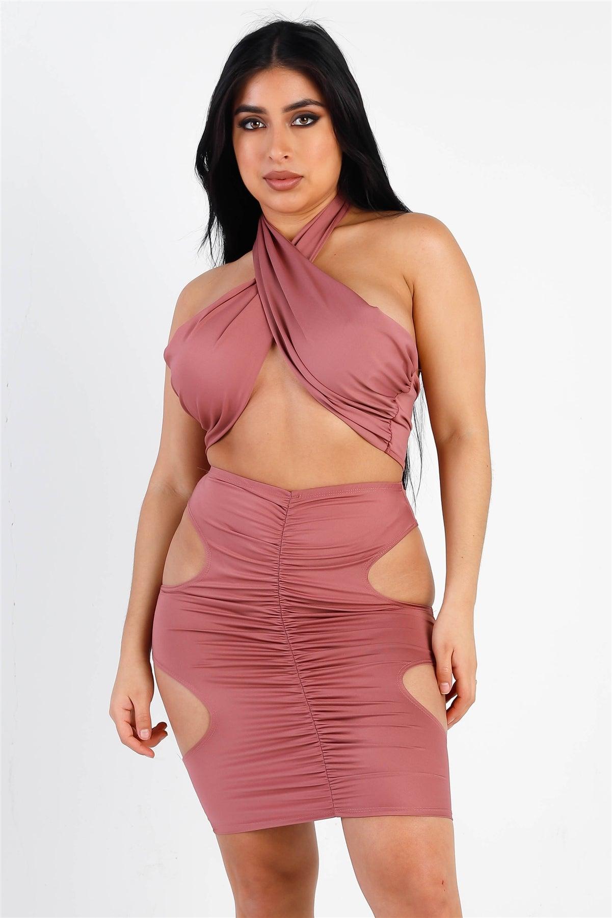 Rose Wraparound Halter Top & Ruched Side Cut-Out Details Skirt Set /2-2-2