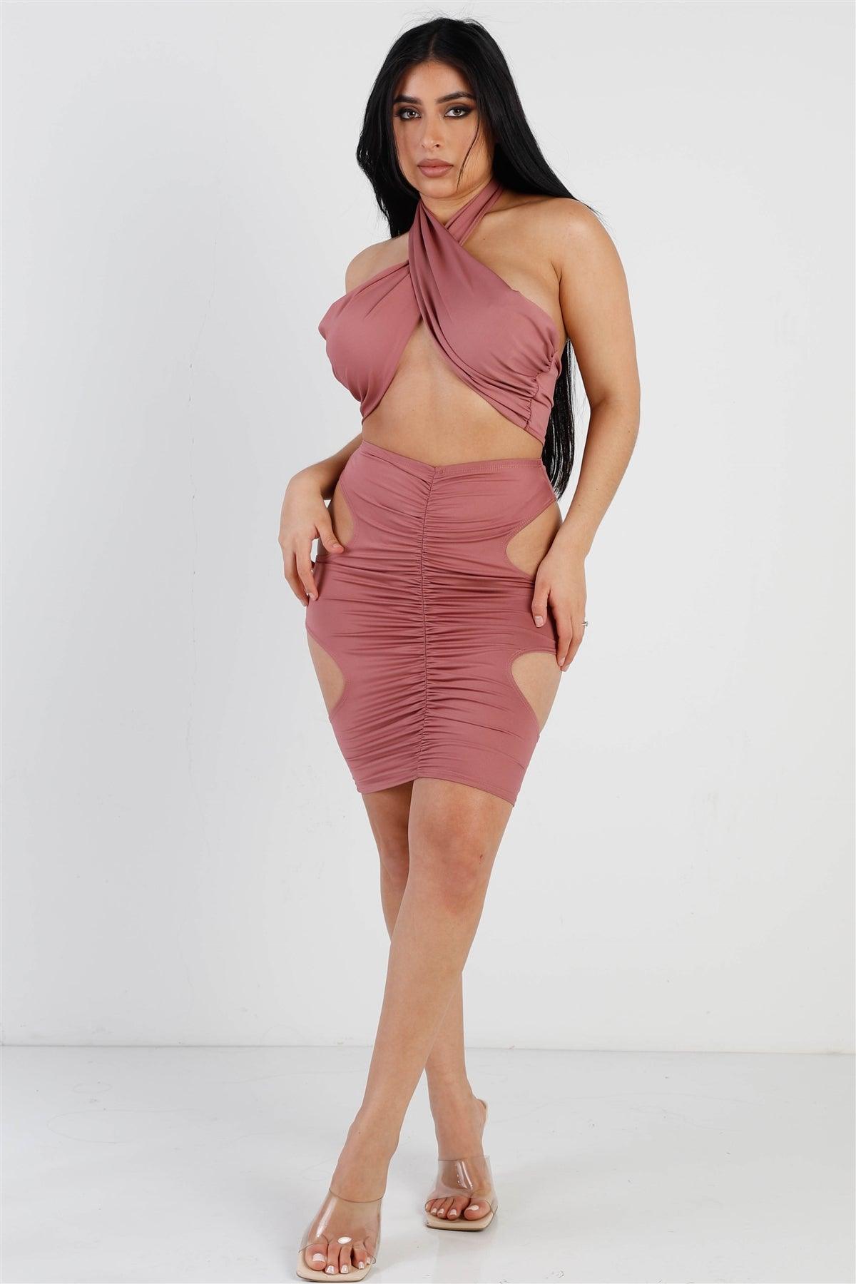 Rose Wraparound Halter Top & Ruched Side Cut-Out Details Skirt Set /2-2-2