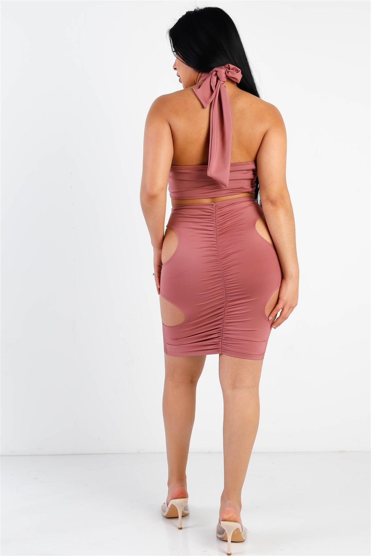 Rose Wraparound Halter Top & Ruched Side Cut-Out Details Skirt Set /2-2-2