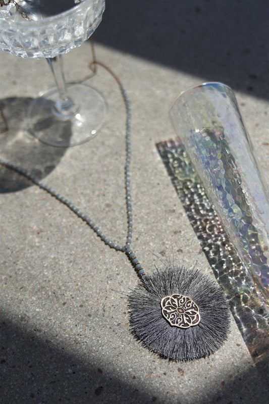 Grey Etched Tassel Pendant Necklace /3 Pieces