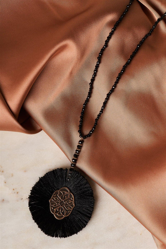 Jet Black Etched Tassel Pendant Necklace /1 Piece