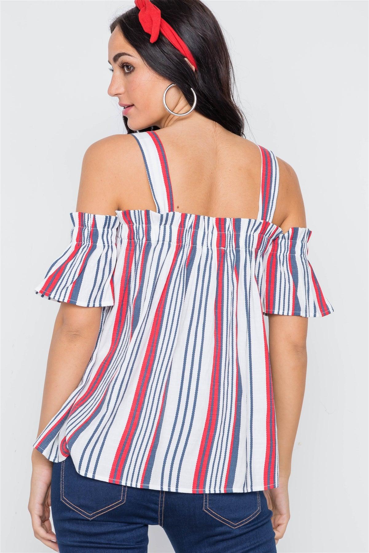 Red Navy Stripe Button Down Cold Shoulder Top /3-2-1